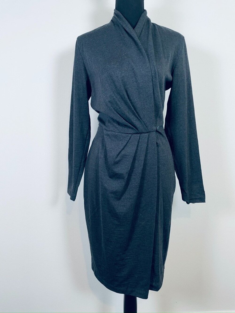 LAURA ASHLEY Vintage 100% Wool Charcoal Grey Wrap dress, Made in Great Britain